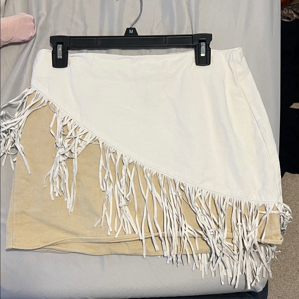 Le Lis White and Tan Fringe Wrap Mini Skirt
